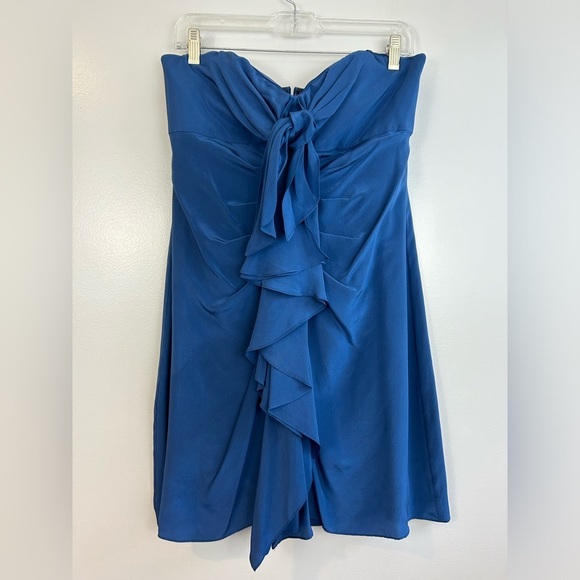 NNWT BCBGMaxAzria Ink Blue Strapless Silk Mini Dress with Ruffles/Bow Size 12 - Picture 1 of 11